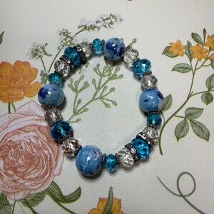 Handmade Blue Glass and Crystal Bead Stretch Bracelet